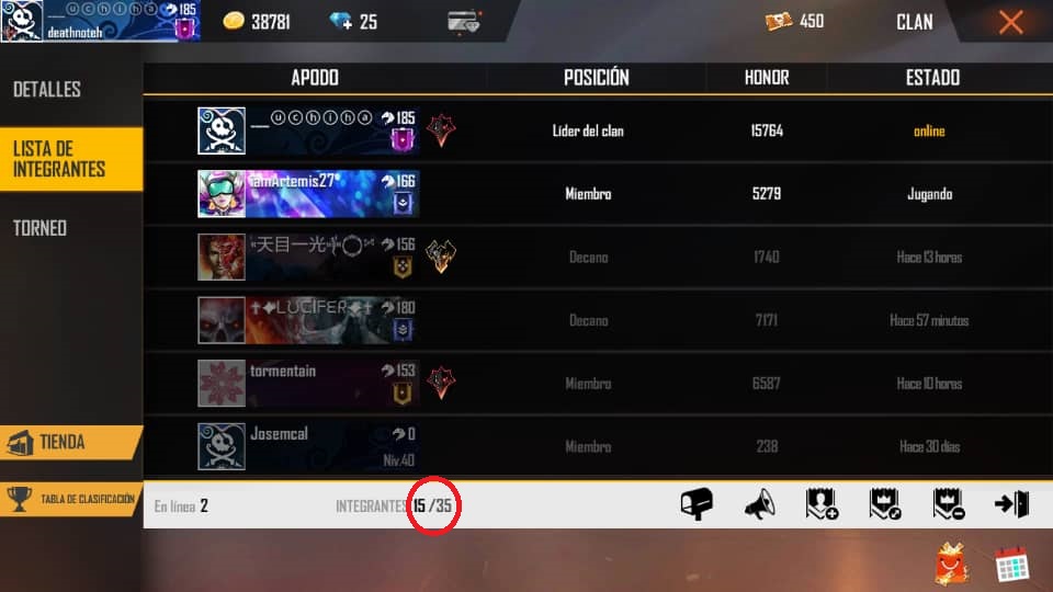 LISTA DE INTEGRANTES DE MI CLAN DE FREE FIRE
